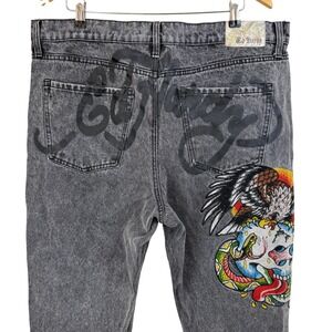 ED HARDY Black Embroidered BATTLE SKULL EAGLE SNAKE Jeans DENIM MEN 38 Y2K